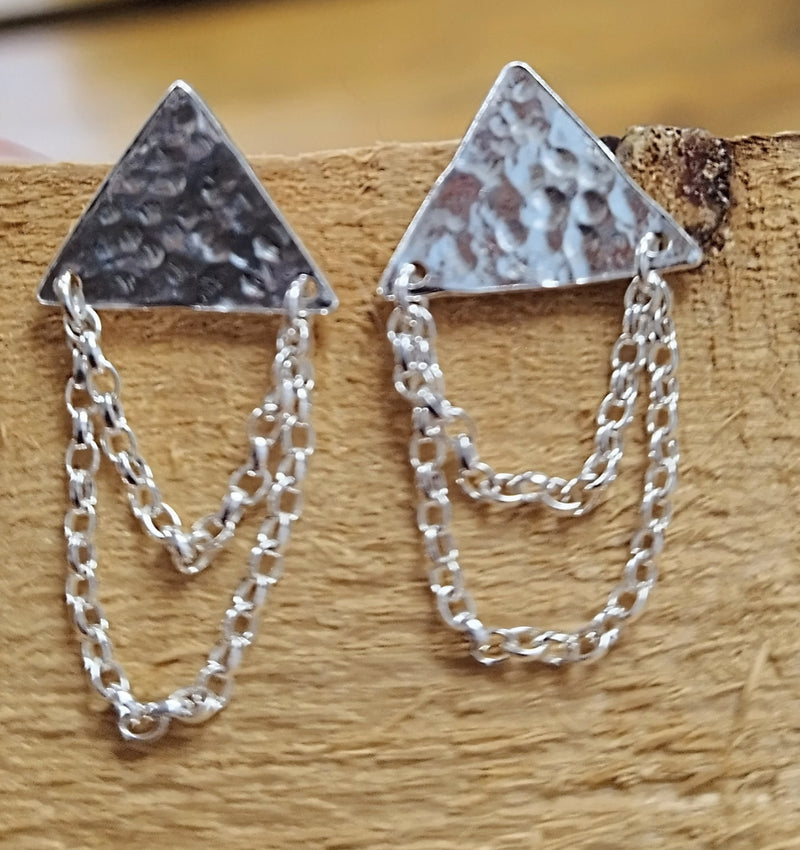 Sterling Silver triangle studs with draped chains