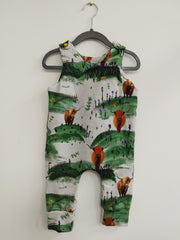Romper suit - Highland cows in field with purple flowers print (6-12 months)