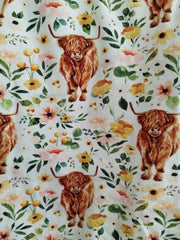 Romper suit - Highland cows with peach & yellow flowers print (0-6 months or 6-12 months)