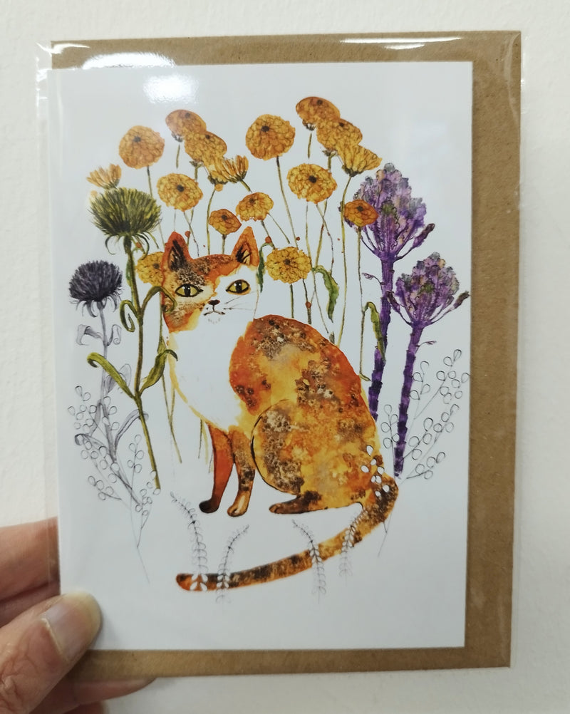 Calico cat and flowers card