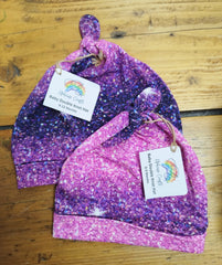 Baby knotted hat - pink & purple glitter pattern