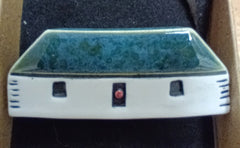 Scottish bothy ceramic brooch - mottled green & blue roof