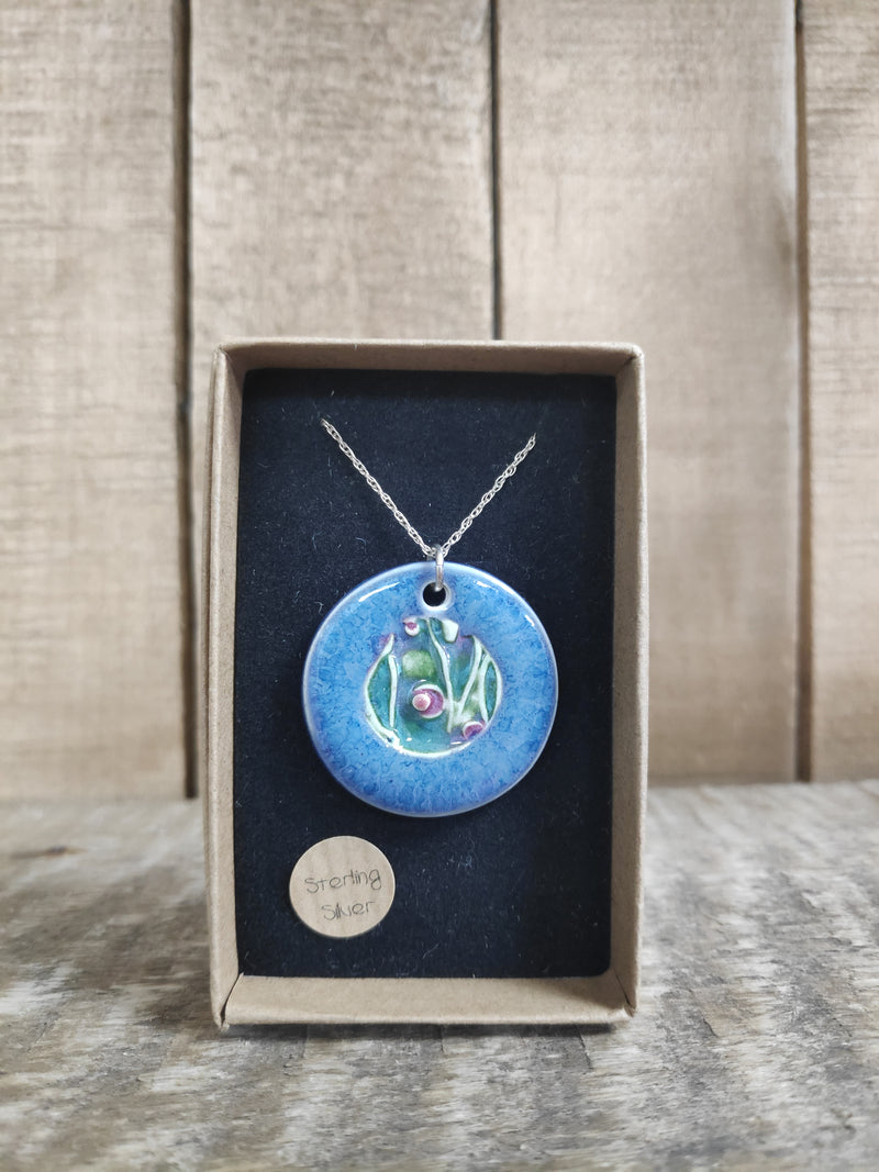 ceramic circle necklace pendant - blue, teal and purple abstract design