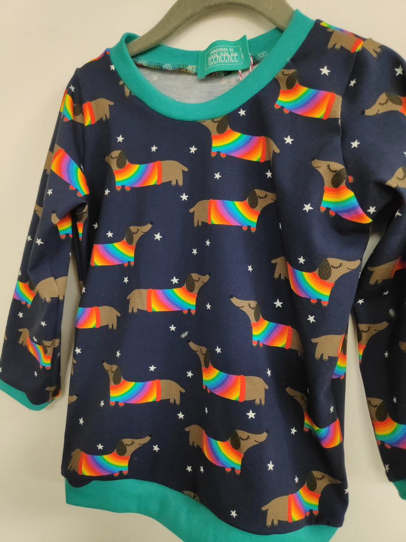 Long sleeved child t-shirt - dachshunds with rainbow jumper (3-4 years)