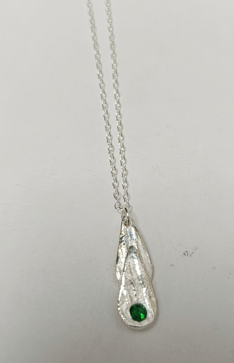 Fine silver double teardrop & green Cubic Zirconia necklace