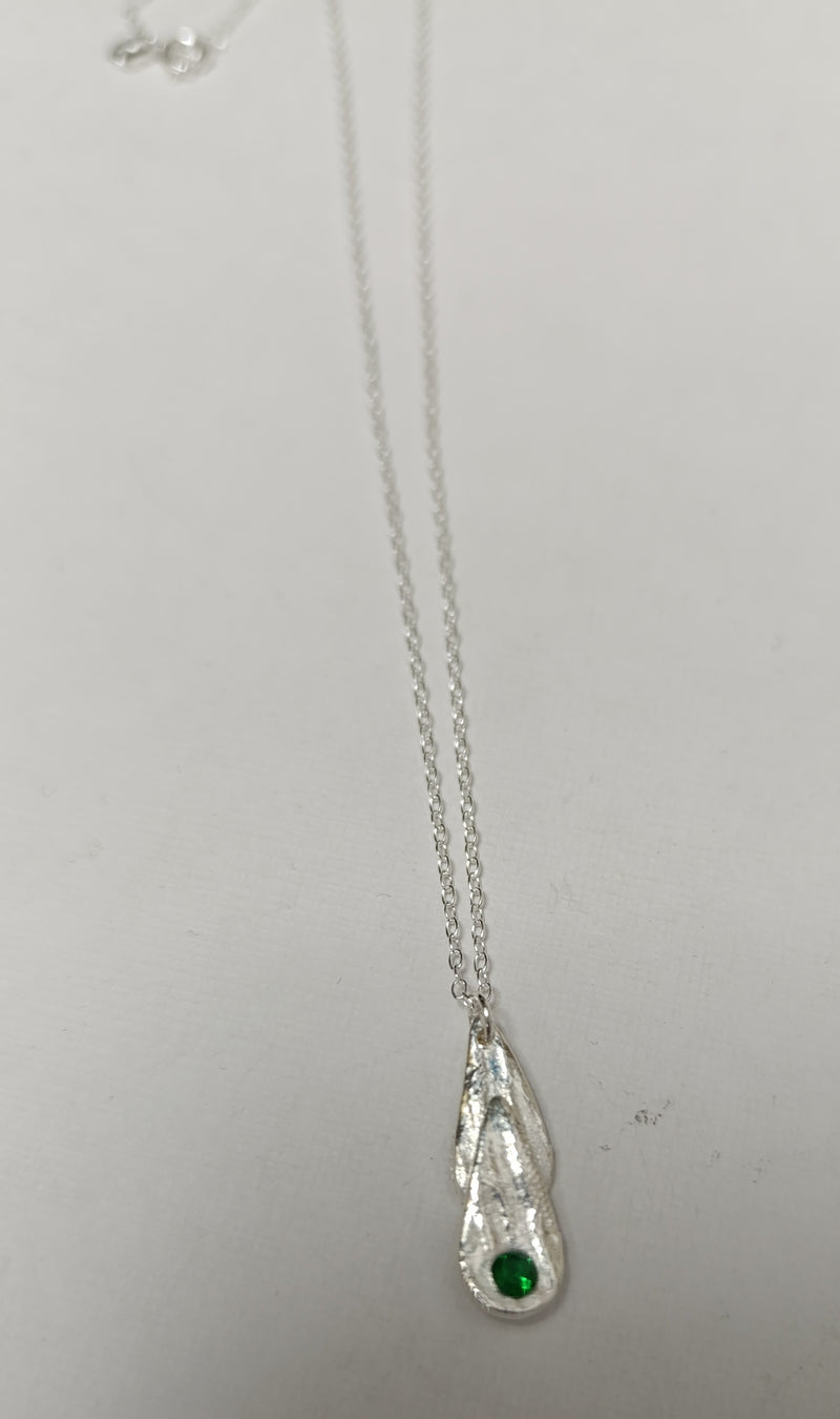 Fine silver double teardrop & green Cubic Zirconia necklace