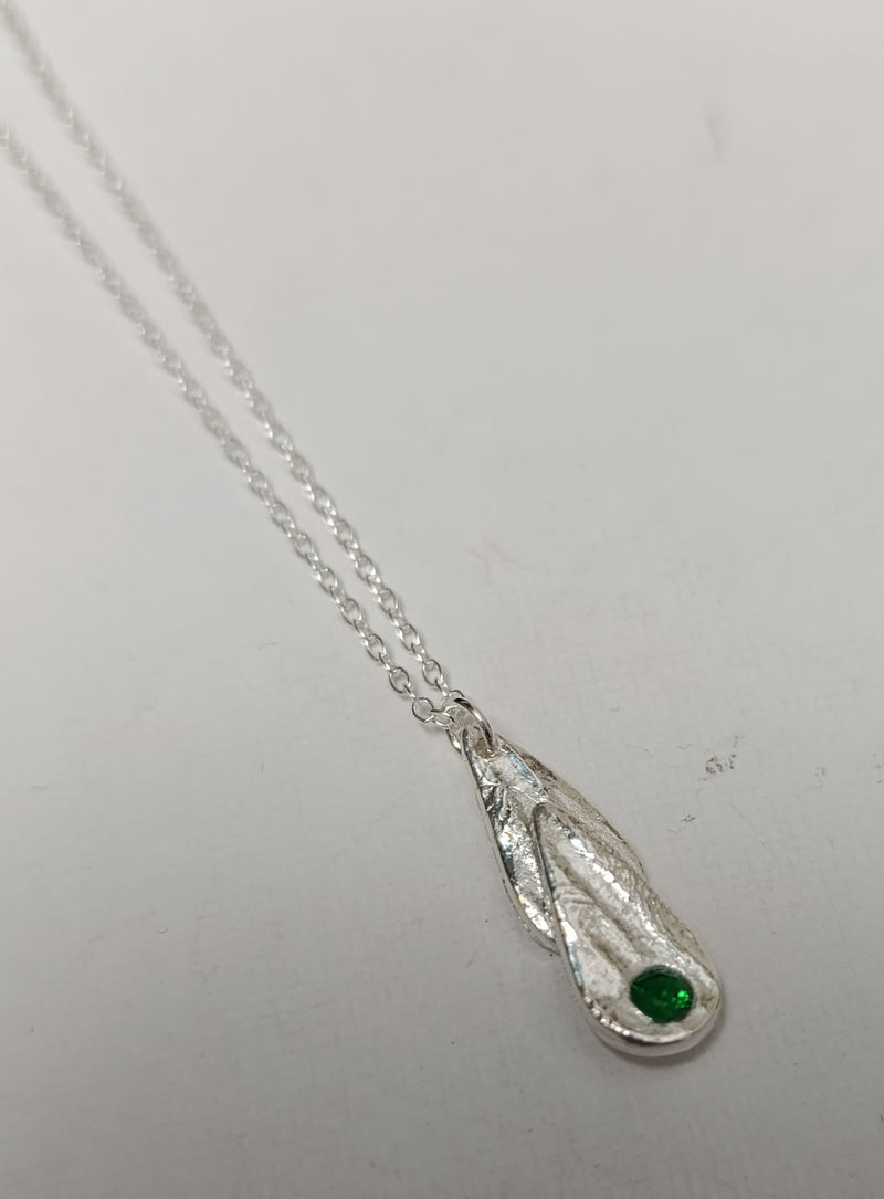 Fine silver double teardrop & green Cubic Zirconia necklace