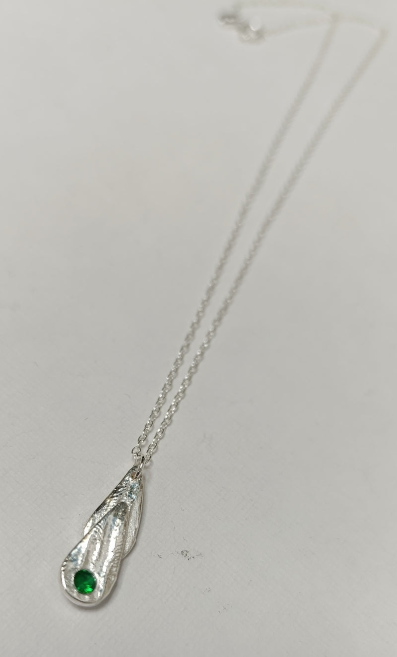 Fine silver double teardrop & green Cubic Zirconia necklace