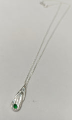 Fine silver double teardrop & green Cubic Zirconia necklace