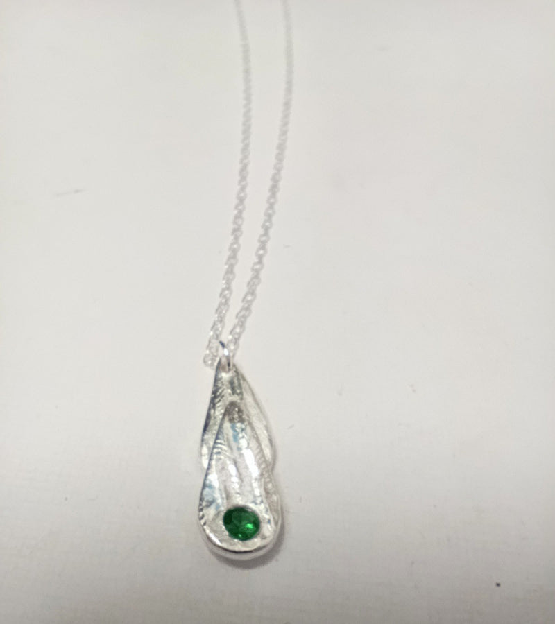 Fine silver double teardrop & green Cubic Zirconia necklace