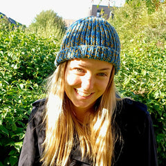 Hand knitted beanie hat - blue and ochre