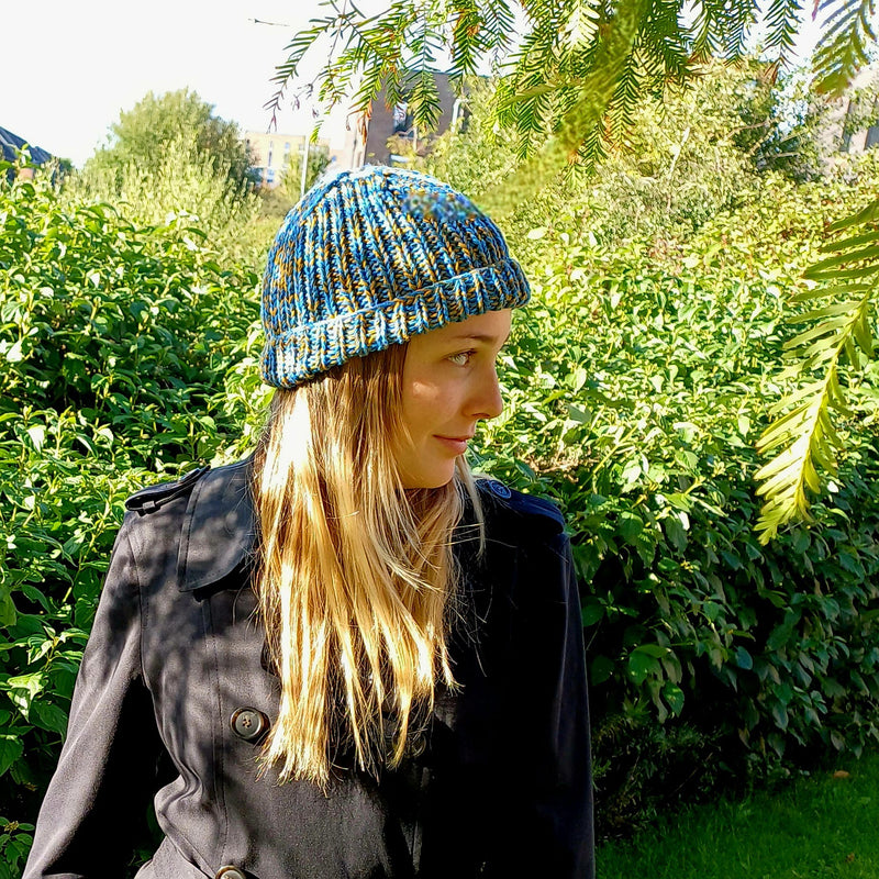 Hand knitted beanie hat - blue and ochre