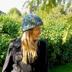 Hand knitted beanie hat - blue and ochre