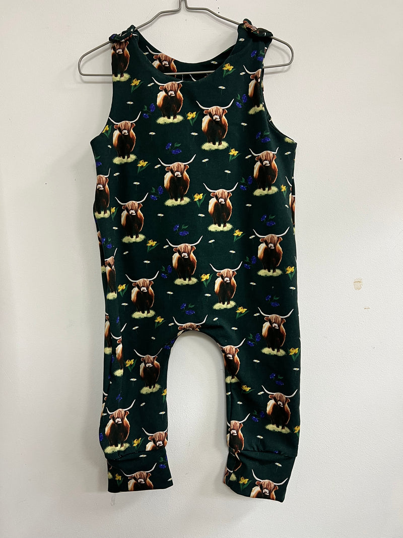 Romper suit - Highland Cows green fabric and yellow flowers (12-18 months and 18-24 months)