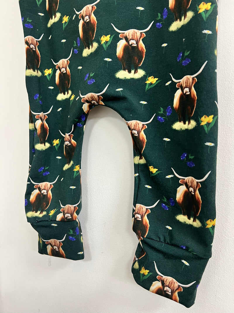 Romper suit - Highland Cows green fabric and yellow flowers (12-18 months and 18-24 months)