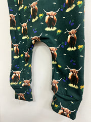 Romper suit - Highland Cows green fabric and yellow flowers (12-18 months and 18-24 months)