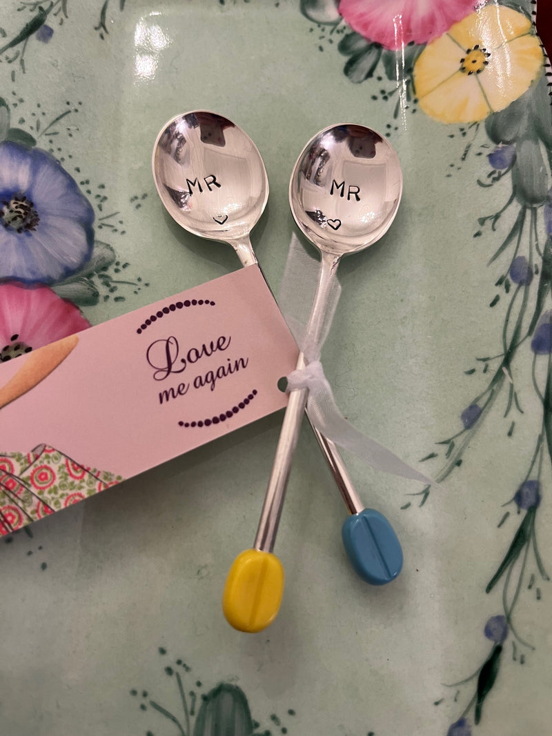 'Mr & Mr' hand stamped vintage coffee spoons boxed set