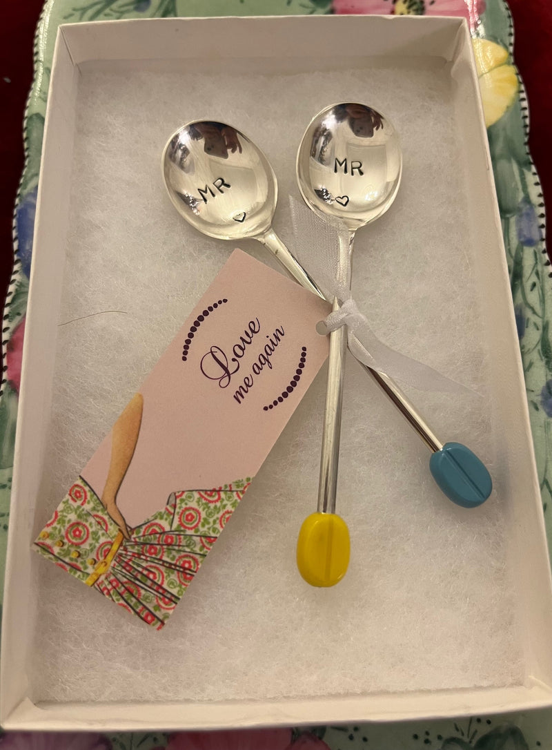 'Mr & Mr' hand stamped vintage coffee spoons boxed set