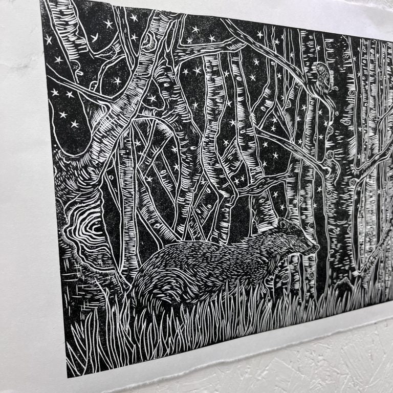 'The Trees Have Eyes' limited edition badger lino print