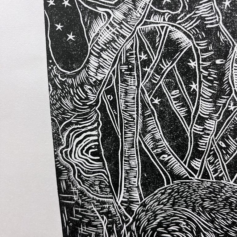 'The Trees Have Eyes' limited edition badger lino print