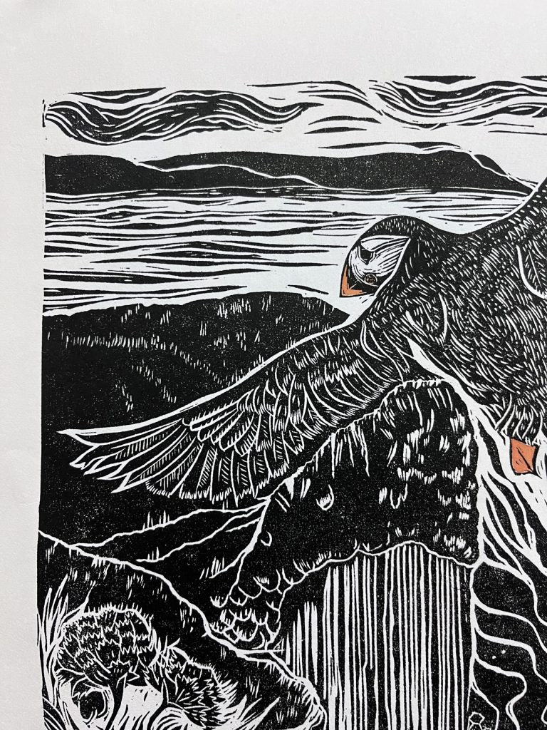 'Return to Staffa' puffin lino print