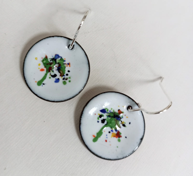 Enamelled abstract colour splash tree earrings