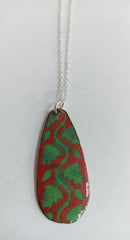 Champlevé technique enamelled copper green leaf teardrop necklace
