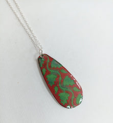 Champlevé technique enamelled copper green leaf teardrop necklace
