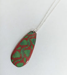 Champlevé technique enamelled copper green leaf teardrop necklace