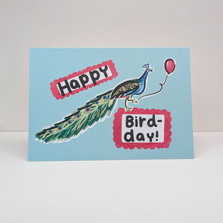 Happy bird-day peacock with balloon birthday card