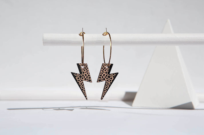 Printed wooden 'Rebel Rebel' lightning bolt hoops