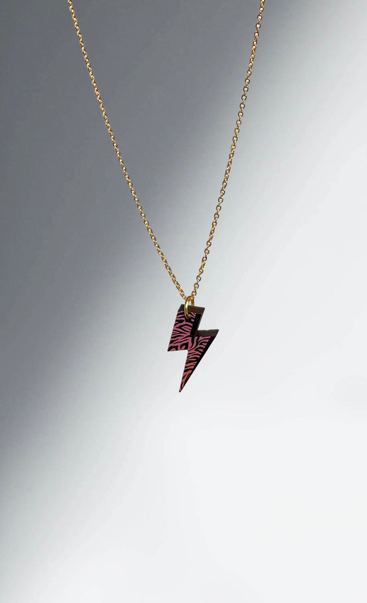 Printed wooden 'Rebel Rebel' lightning bolt necklace