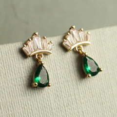 Emerald green gold vermeil crown stud earrings