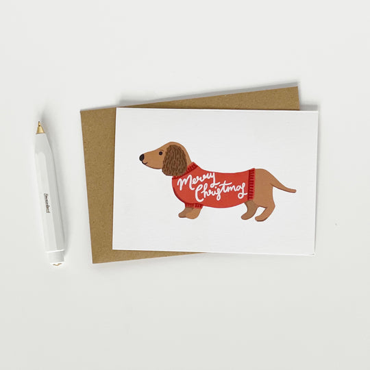 Pack of 6 Merry Christmas dachshund and sledge cards