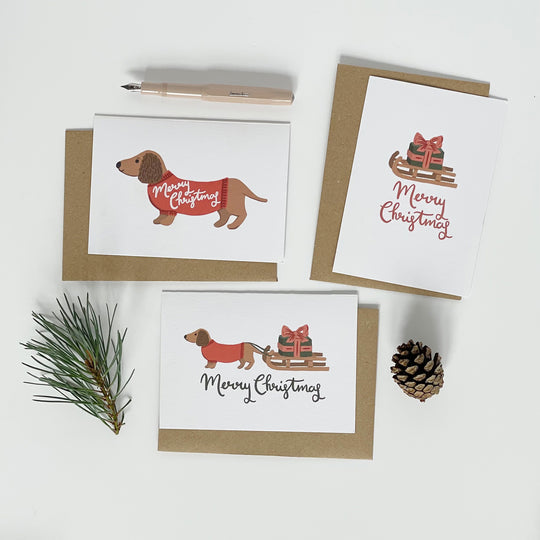 Pack of 6 Merry Christmas dachshund and sledge cards