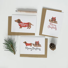 Pack of 6 Merry Christmas dachshund and sledge cards
