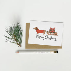 Pack of 6 Merry Christmas dachshund and sledge cards