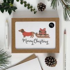 Pack of 6 Merry Christmas dachshund and sledge cards