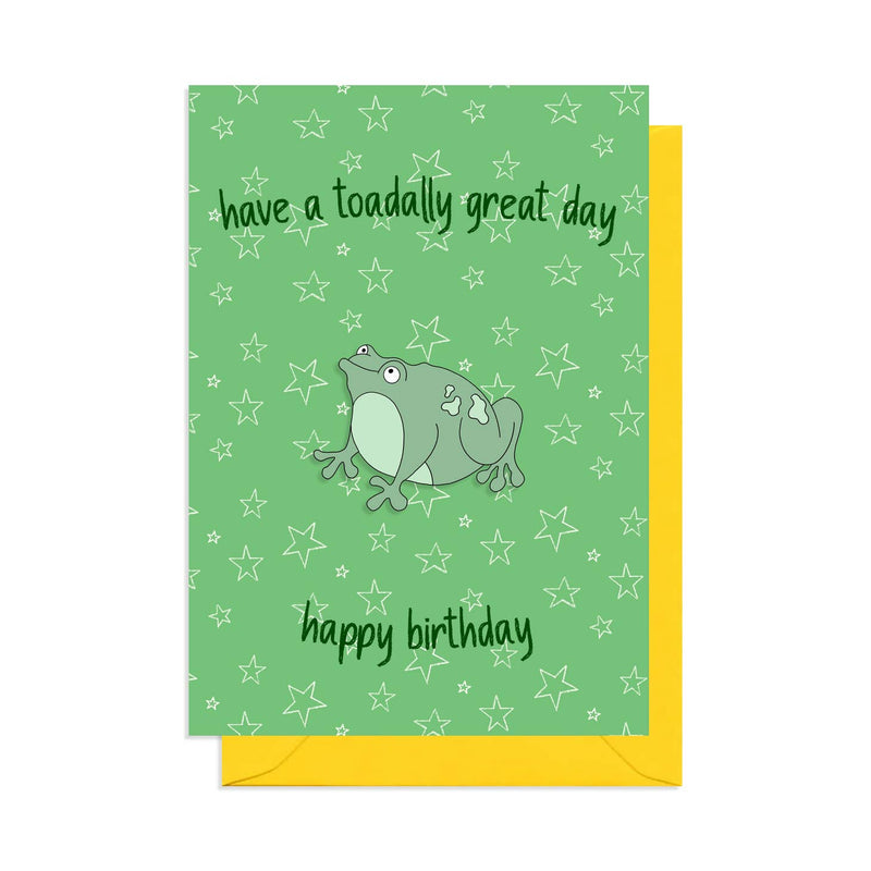Have a toadally great day mini birthday card with enamel pin badge