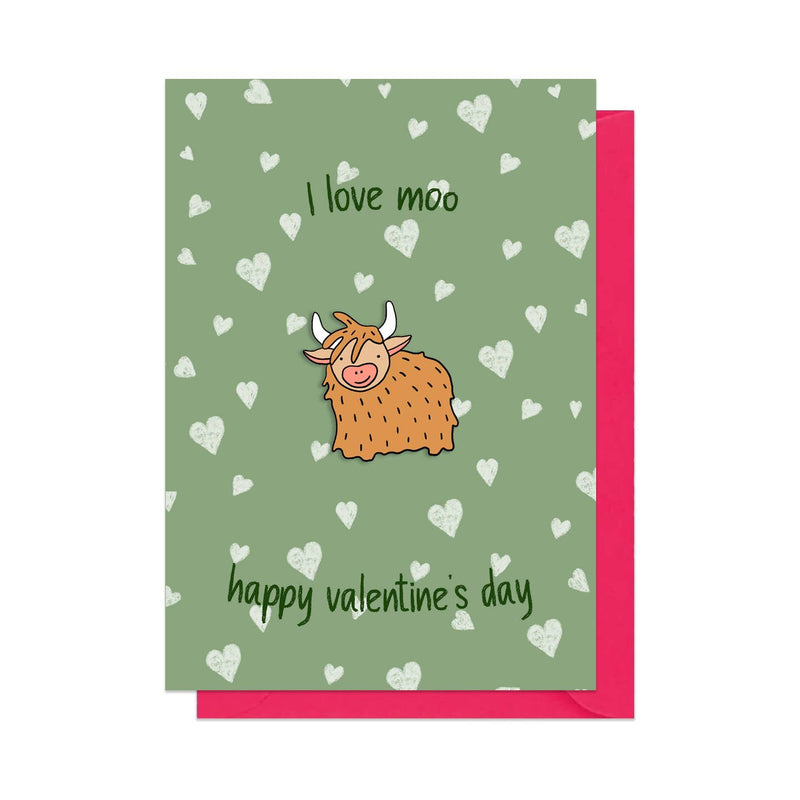 I love moo, happy valentine's day mini card with enamel pin badge