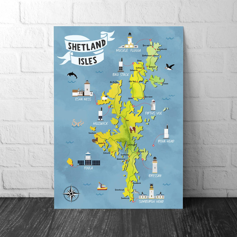 Shetland Isles Lighthouse A3 map poster print