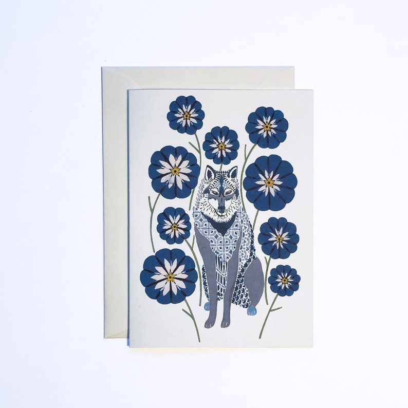 Illustrated card - wolf and blue flowers