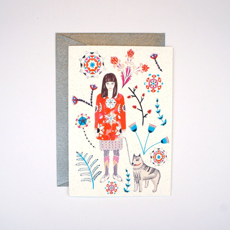 Illustrated card - girl and dog