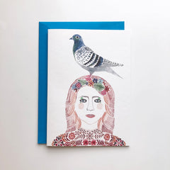 Illustrated card - woman with pigeon