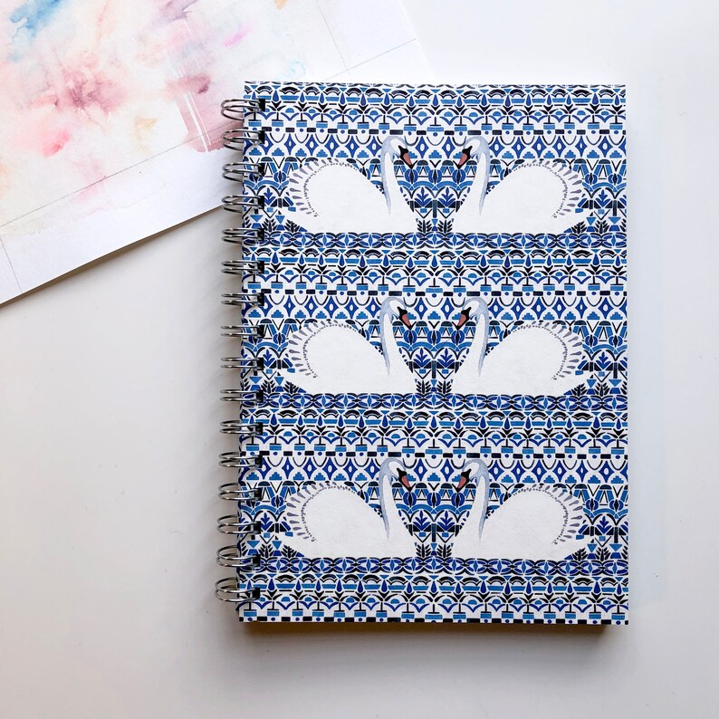 A5 spiral bound notebook/journal - swans & blue geometric pattern