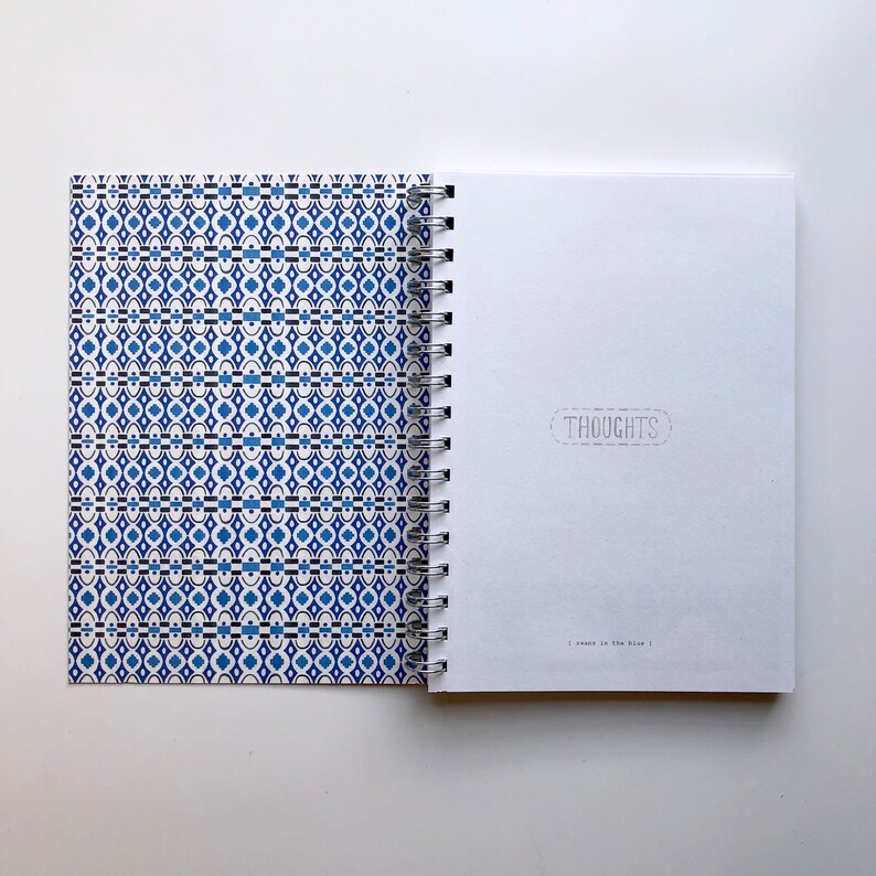 A5 spiral bound notebook/journal - swans & blue geometric pattern