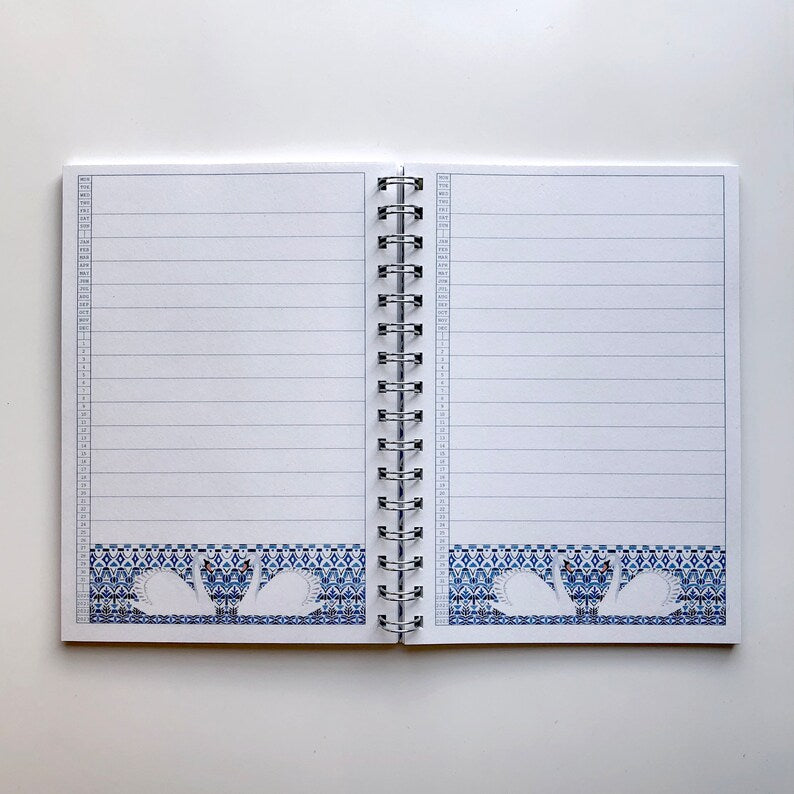 A5 spiral bound notebook/journal - swans & blue geometric pattern