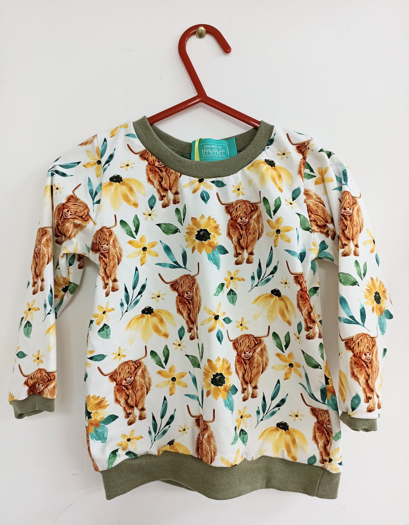 Long sleeved baby/child t-shirt - Highland Cows and flowers (12-18 months)