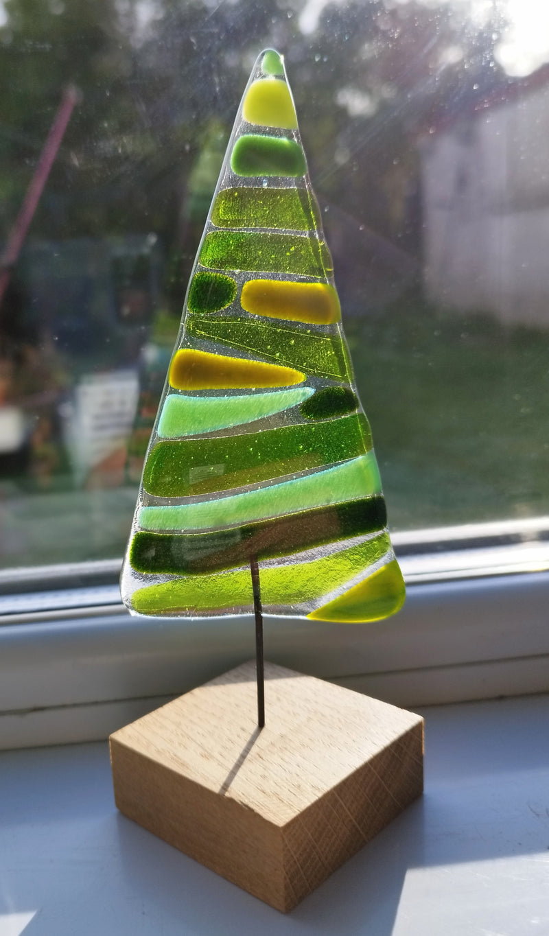 Glass Christmas tree on oak base