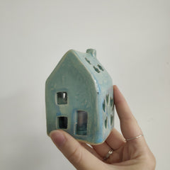 House tealight holder - turquoise with heart and flower cut-outs